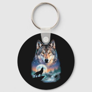 Wolf Howling at Moon Underneath Beautiful Wolf Key Ring