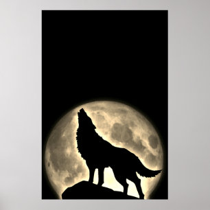 Wolf Howling at Moon Vintage Sepia Poster