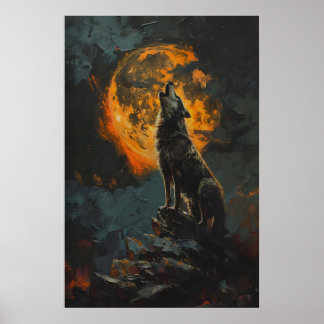 Wolf Howling at Orange Full Moon Printable Moody Poster