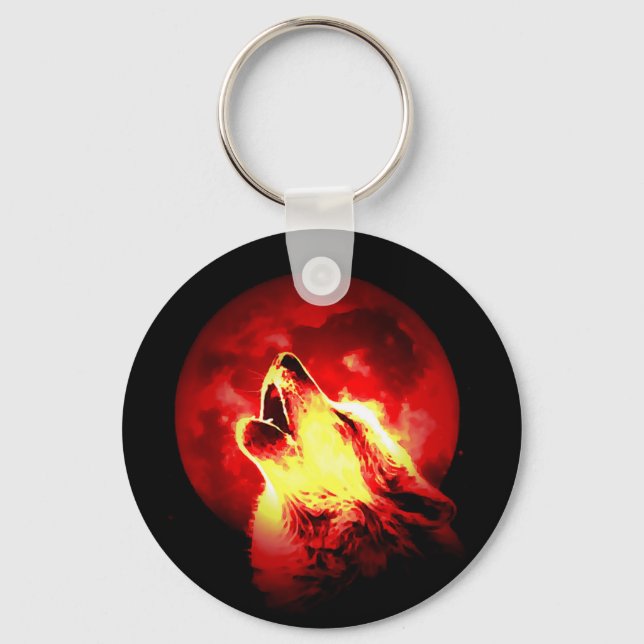 Wolf Howling at Red Night Key Ring (Front)