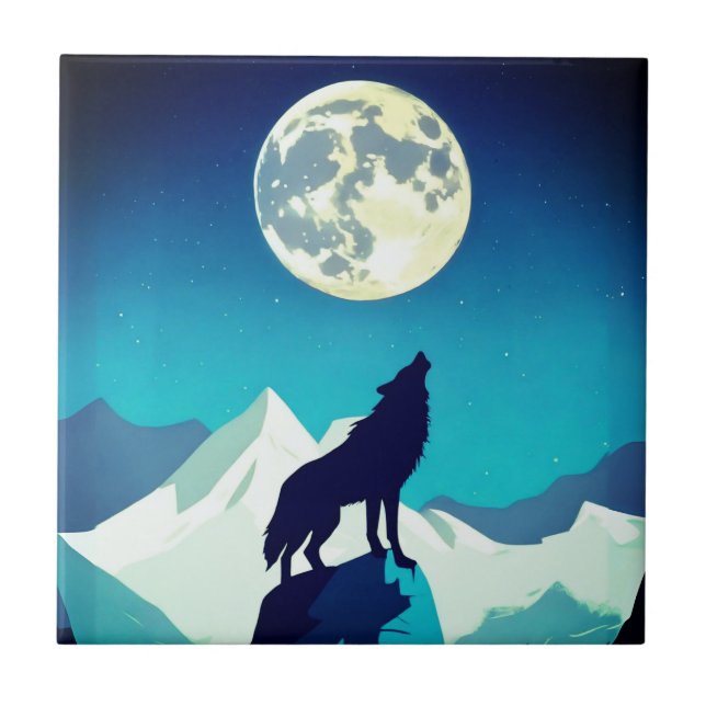 Wolf Howling at the Full Moon Ceramic Tile (Front)