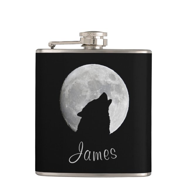 Wolf Howling at The Full Moon, Your Name Hip Flask (Front)
