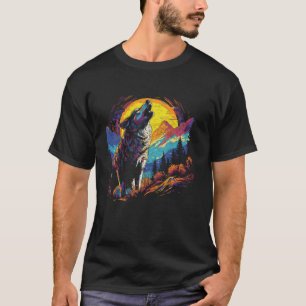 Wolf Howling At The Moon Bright Colorful Night Men T-Shirt