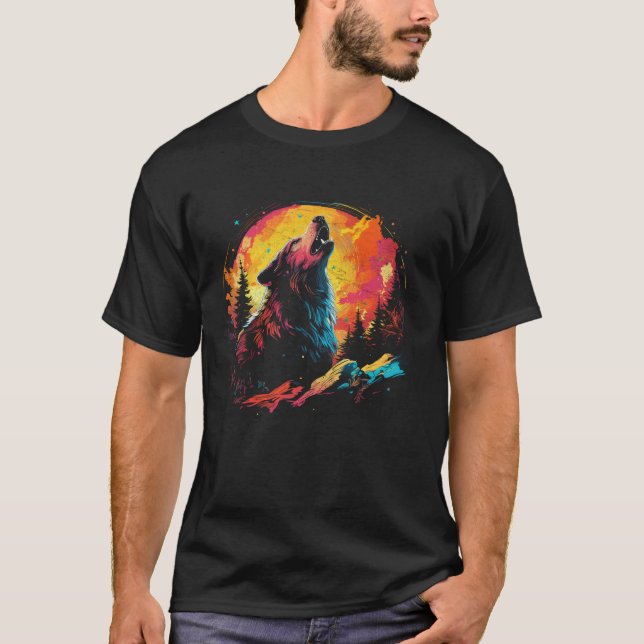 Wolf Howling At The Moon Bright Colourful Night Me T-Shirt (Front)