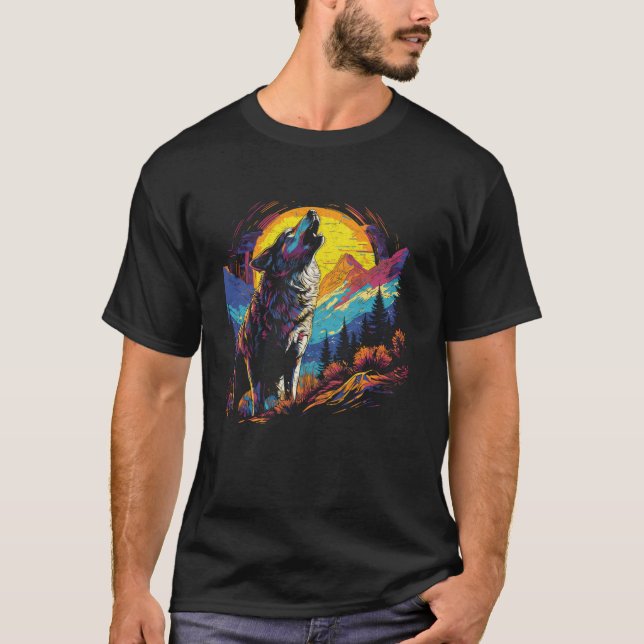 Wolf Howling At The Moon Bright Colourful Night Me T-Shirt (Front)