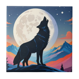Wolf Howling At The Moon Ceramic Tile