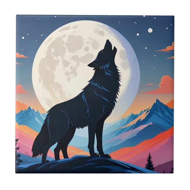 Wolf Howling At The Moon Ceramic Tile (Front)