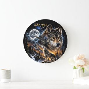 Wolf Howling At the Moon Forest Wildlife Nature Large Clock