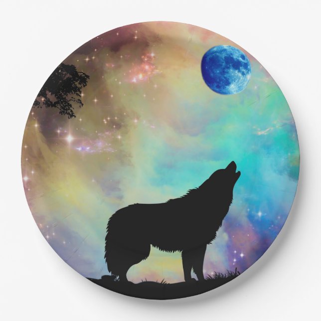 Wolf Howling at the Moon Galaxy Stars Animal Paper Plate (Front)