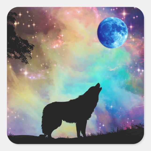 Wolf Howling at the Moon Galaxy Stars Animal Square Sticker (Front)