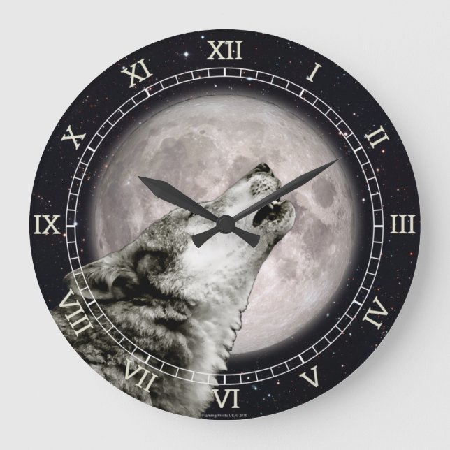 Wolf Howling at the Moon, Iconic, Wolf Art, Gothic Large Clock (Front)