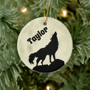Wolf Howling at the Moon Illustration Personalised Ceramic Ornament