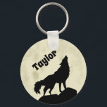 Wolf Howling at the Moon Illustration Personalised Key Ring<br><div class="desc">Show off your wild side with this personalised keychain. It features a silhouette style illustration of a wolf in black howling at a pale yellow moon making it perfect for anyone who loves animals. This key chain is ready to be personalised with a name or other text. Makes a great...</div>