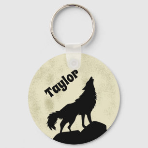 Wolf Howling at the Moon Illustration Personalised Key Ring