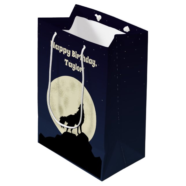 Wolf Howling at the Moon Illustration Personalised Medium Gift Bag (Front Angled)