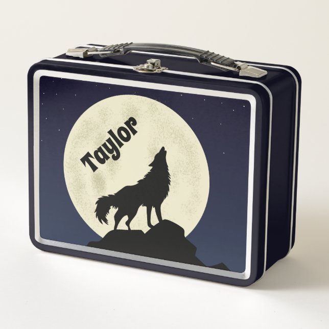 Wolf Howling at the Moon Illustration Personalised Metal Lunch Box (Front)