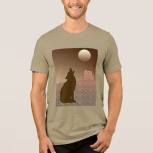 Wolf Howling at the Moon in Brown and Tan Tri-Blend Shirt