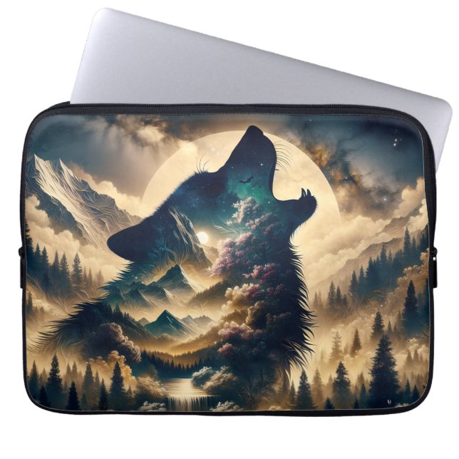 Wolf Howling at the Moon on a Cloudy Night Laptop Sleeve (Front)