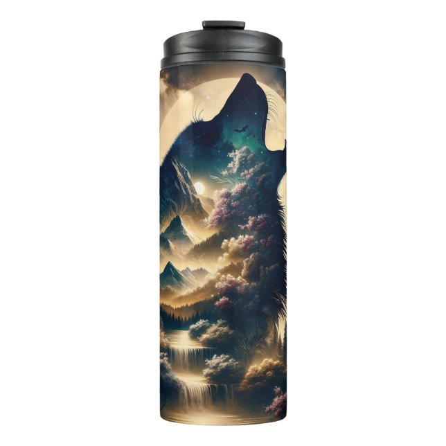 Wolf Howling at the Moon on a Cloudy Night Thermal Tumbler (Front)