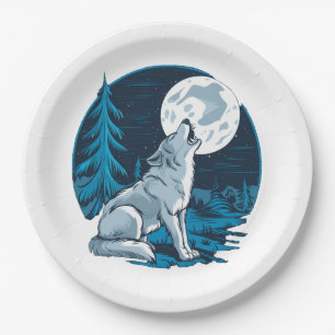 Wolf howling at the moon paper plate