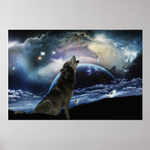 Wolf howling at the moon poster