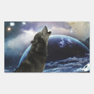 Wolf howling at the moon rectangular sticker