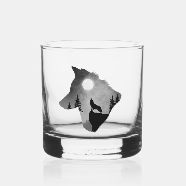 Wolf Howling at the Moon Silhouette Personalised Whiskey Glass (Front)