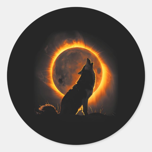 Wolf Howling at the Moon Solar Eclipse Alpha Lunar Classic Round Sticker (Front)