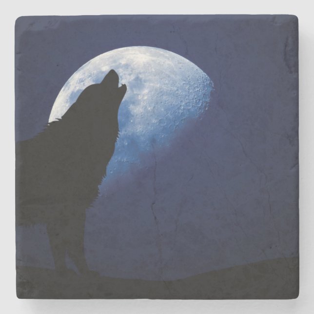 Wolf Howling at the Moon Stone Coaster (Front)