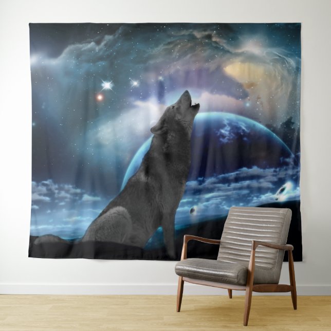 Wolf howling at the moon tapestry (In Situ (Horizontal))