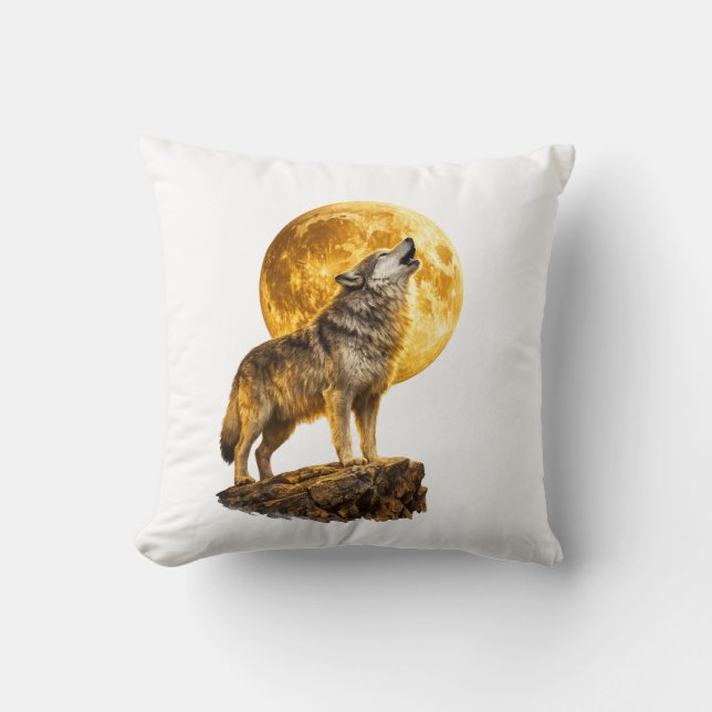 Wolf Howling at the Moon Throw Pillow (Front)