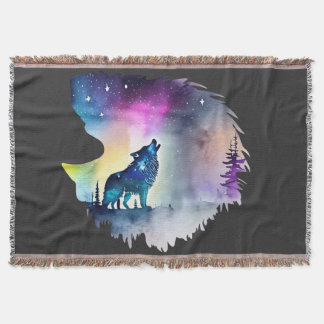 Wolf Howling at the Northern Lights Throw Blanket