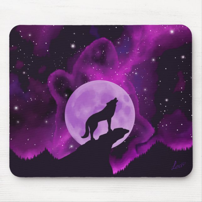 Wolf Howling at the Purple Moon Mouse Pad (Front)