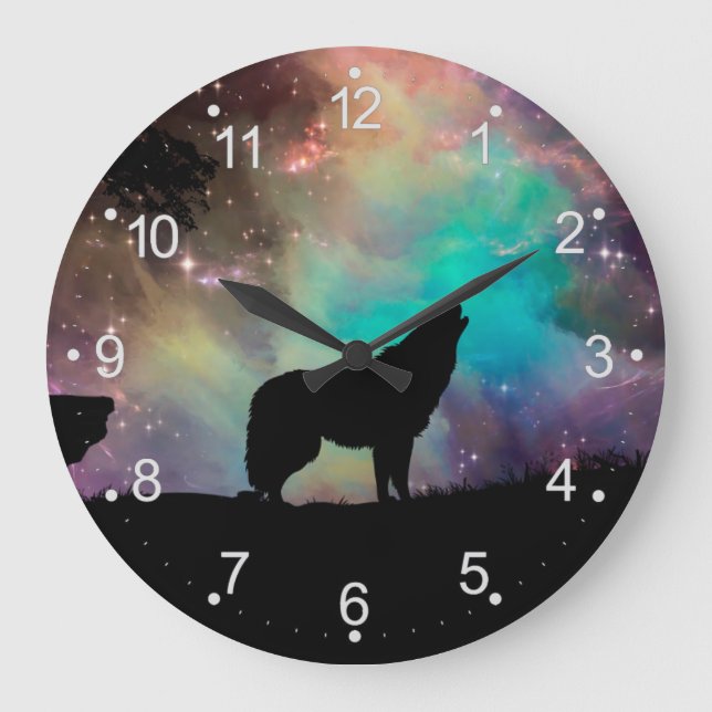 Wolf howling at the universe large clock (Front)