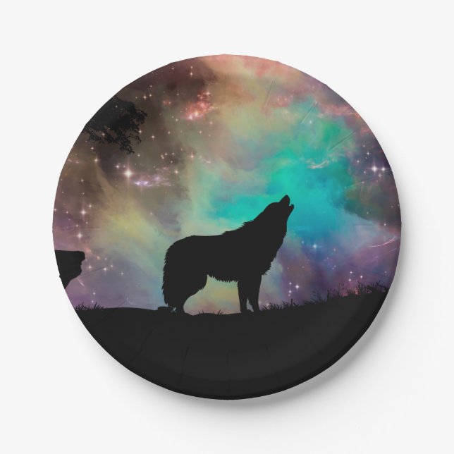 Wolf howling at the universe paper plate (Front)