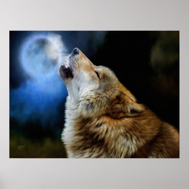 Wolf Howling Beneath Full Moon Poster (Front)