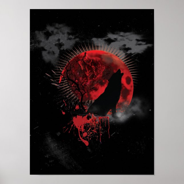 Wolf Howling Blood Red Moon Poster (Front)