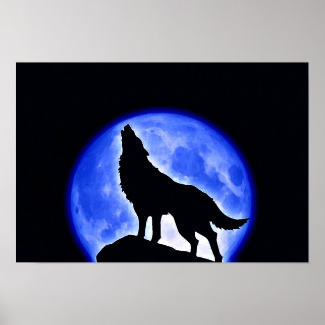 Wolf Howling Blue Full Moon Night Poster (Front)
