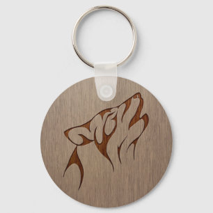Wolf howling engraved on wood design key ring