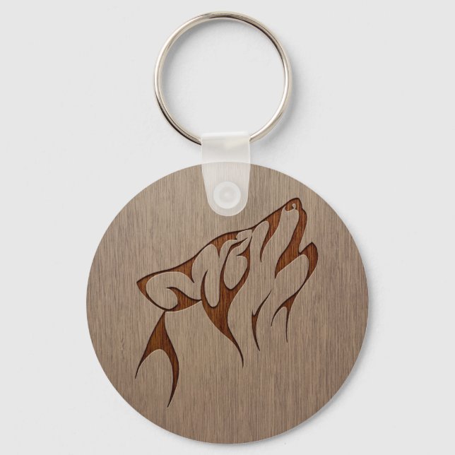 Wolf howling engraved on wood design key ring (Front)