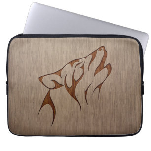 Wolf howling engraved on wood design laptop sleeve