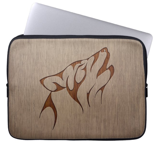 Wolf howling engraved on wood design laptop sleeve (Front)