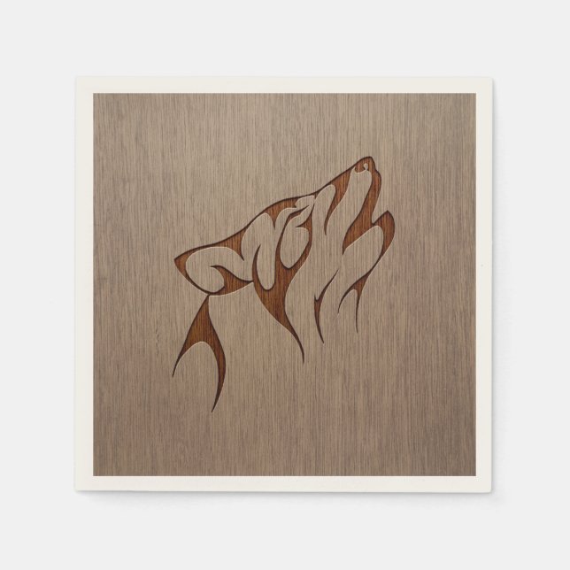 Wolf howling engraved on wood design napkin (Front)