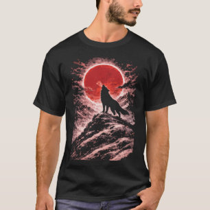 Wolf Howling In Red Moon Light - Japanese Art T-Shirt