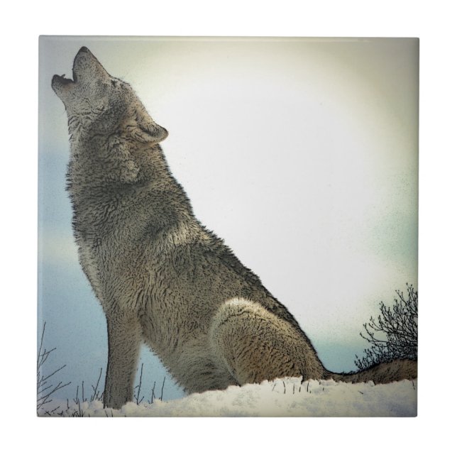 Wolf Howling in Snow Ceramic Tile (Front)