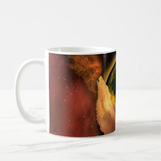 WOLF HOWLING IN SPACE MOON GALAXY  COFFEE MUG (Left)