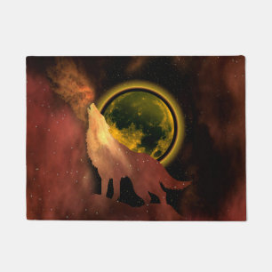 WOLF HOWLING IN SPACE MOON GALAXY   DOORMAT
