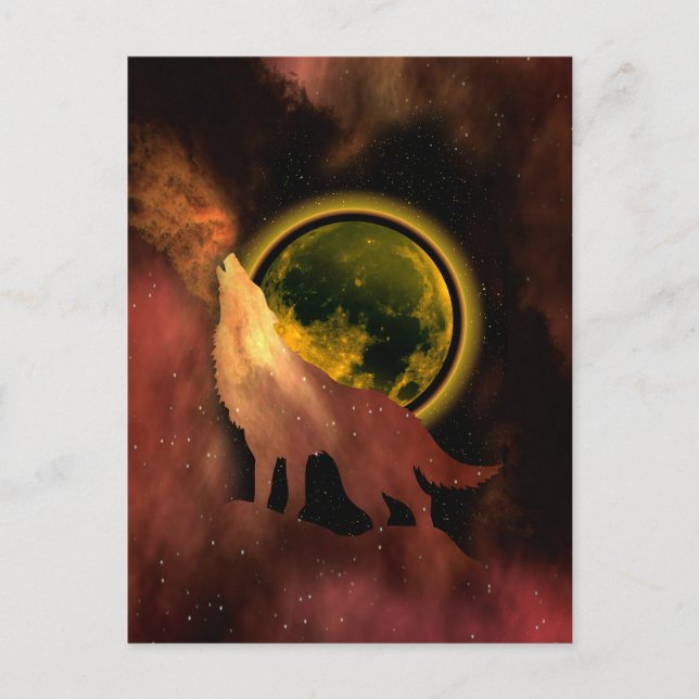 WOLF HOWLING IN SPACE MOON GALAXY  POSTCARD (Front)