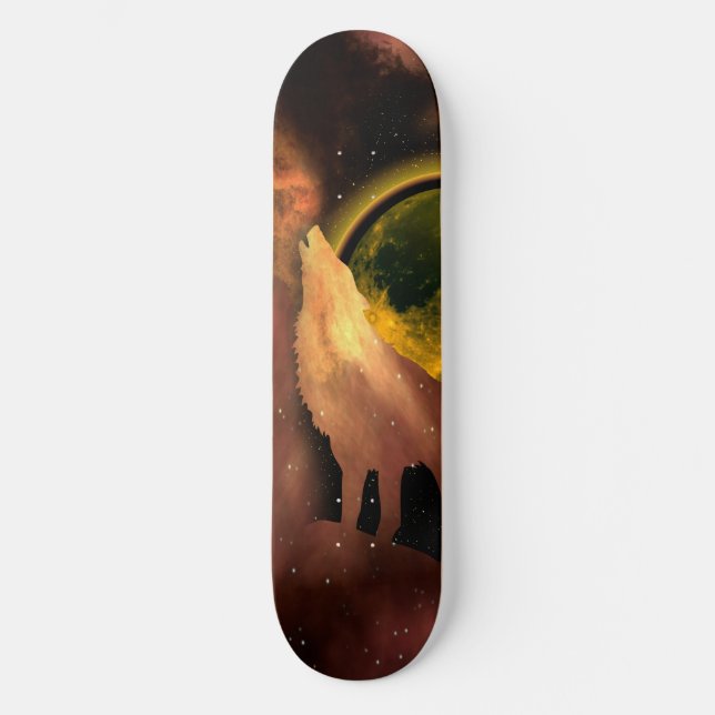 WOLF HOWLING IN SPACE MOON GALAXY   SKATEBOARD (Front)