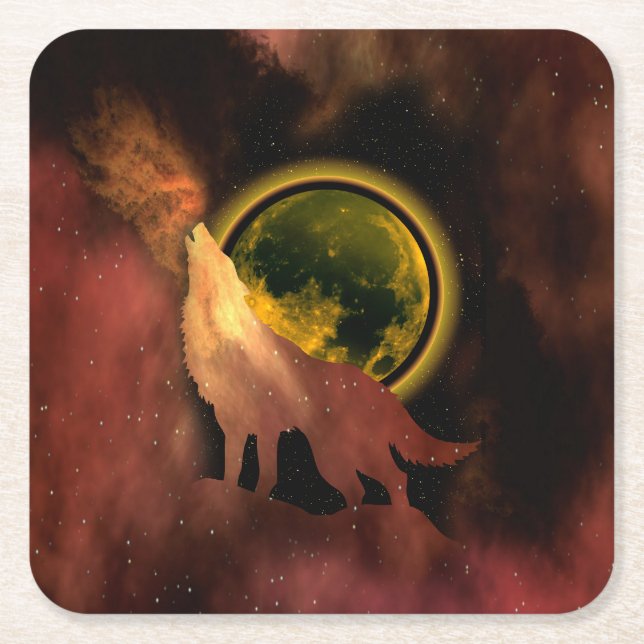 WOLF HOWLING IN SPACE MOON GALAXY  SQUARE PAPER COASTER (Front)